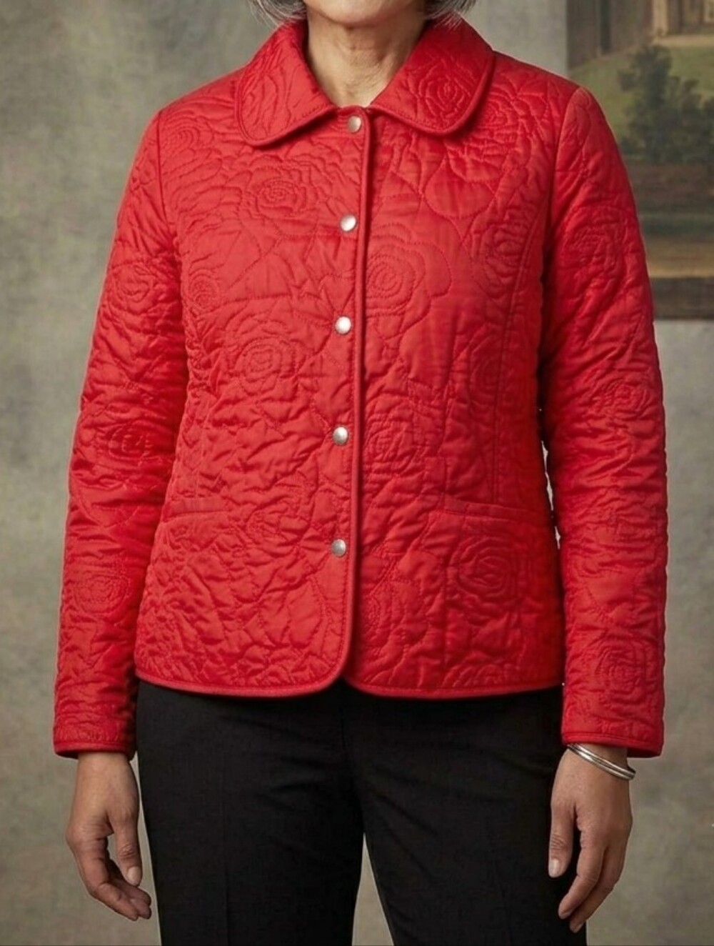JG Hook Womens Red Lightweight Jacket Size XL Rose Pattern Snap Closure